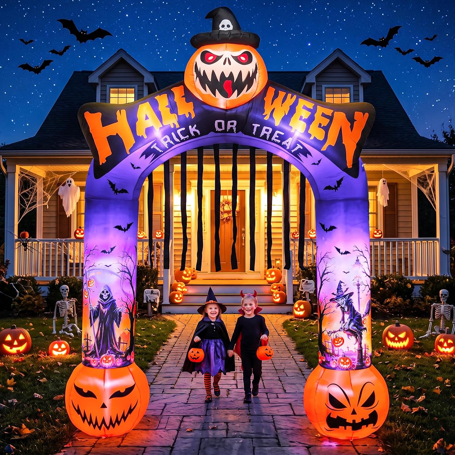 Outdoor Lighting Front Yard - ซุ้มโค้งเป่าลมฮาโลวีนสูง 10 ฟุต พร้อมไฟ LED ในตัว
