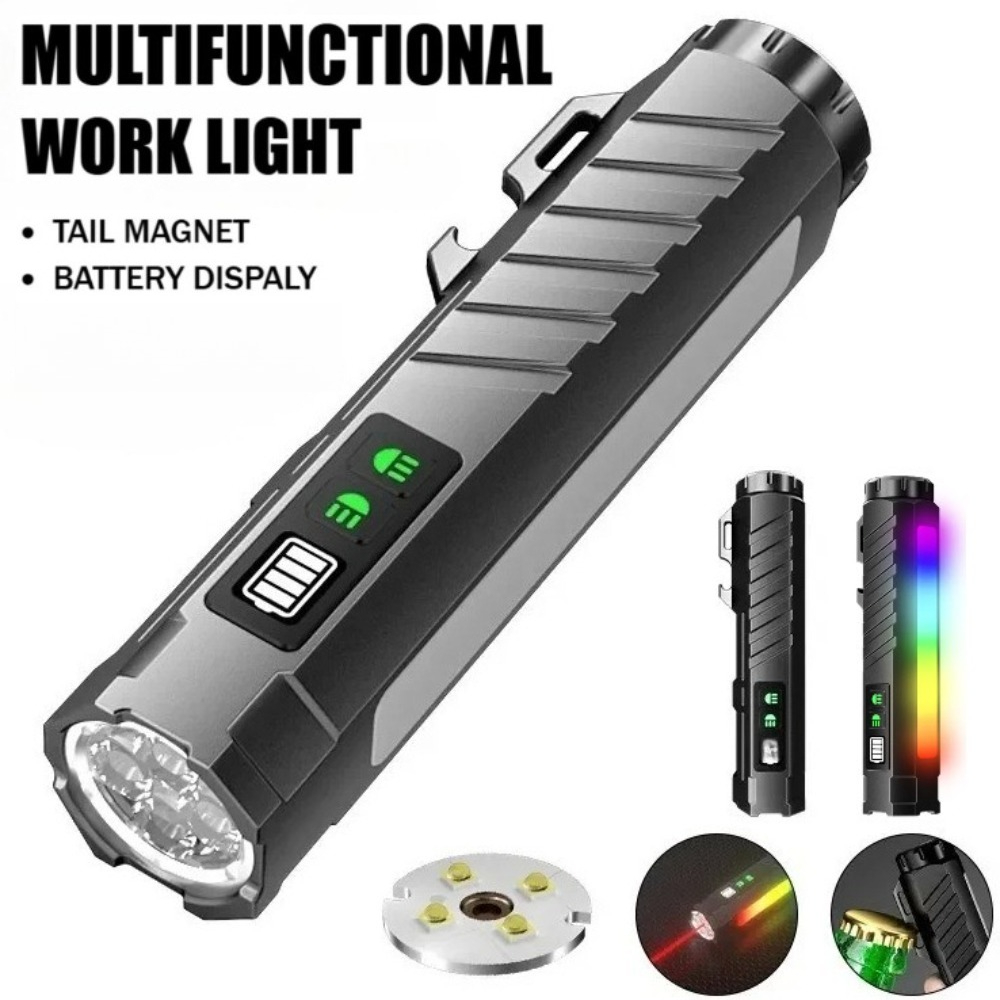 Outdoor Lighting Guide - ไฟฉาย LED อเนกประสงค์ แสงสว่างแรง ชาร์จไฟได้ พร้อมไฟนีออนหลากสีและฐานแม่เหล็ก