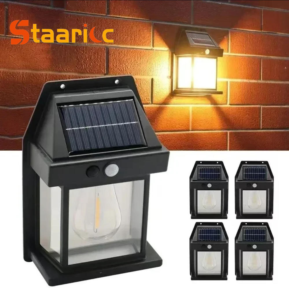 Outdoor Lighting For Backyard - ไฟติดผนังโซลาร์เซลล์แบบทังสเตนสำหรับภายนอกอาคาร พร้อมเซ็นเซอร์ตรวจจับความเคลื่อนไหว IP65 กันน้ำ ไฟ LED