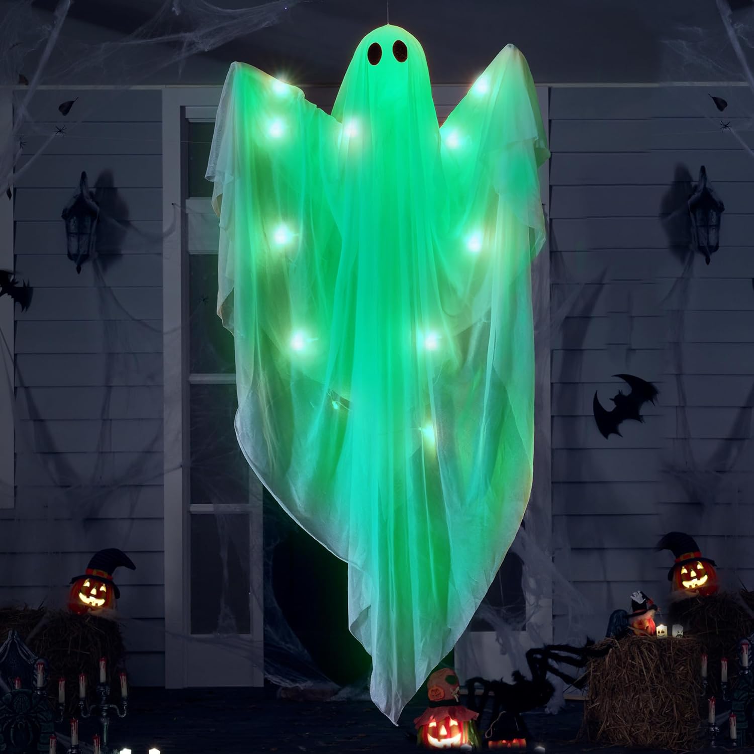 Outdoor Lighting Front Yard - ไฟแขวนฮาโลวีนรูปผีพร้อมไฟ LED สีเขียวสุดหลอน ขนาด 47 นิ้ว