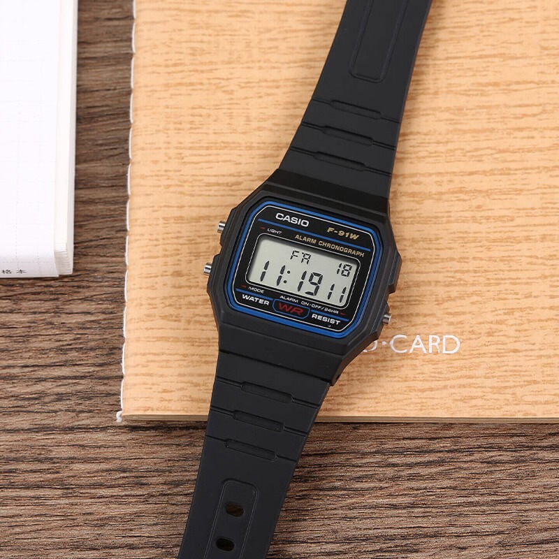 Outdoor Lighting Timer - คาสิโอ F-91W-1 นาฬิกาข้อมือทรงสี่เหลี่ยมเล็กแฟชั่นย้อนยุคจอแสดงผล LCD กันน้ำอินเทรนด์นาฬิกาอิเล็กทรอนิกส์ลำลองกลางแจ้ง
