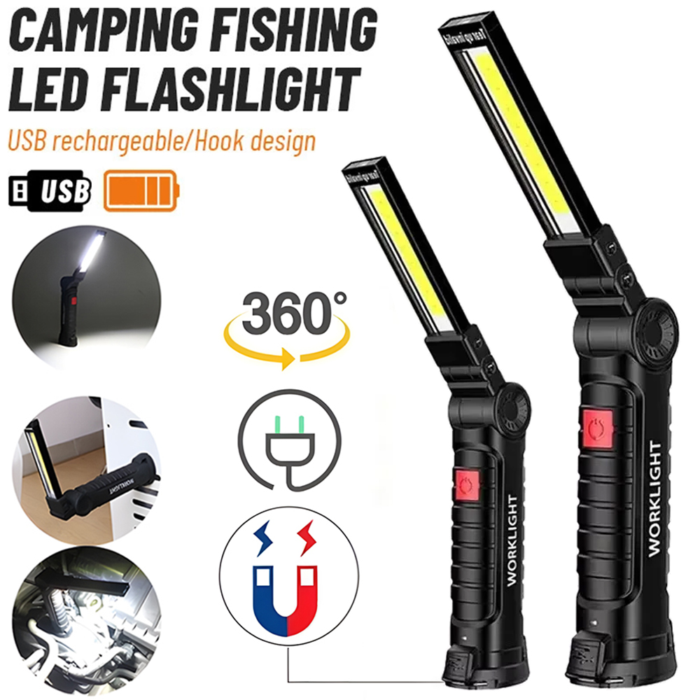 Outdoor Lighting Hooks - ไฟฉาย LED COB แบบชาร์จไฟได้ผ่าน USB พร้อมแม่เหล็กและตะขอ