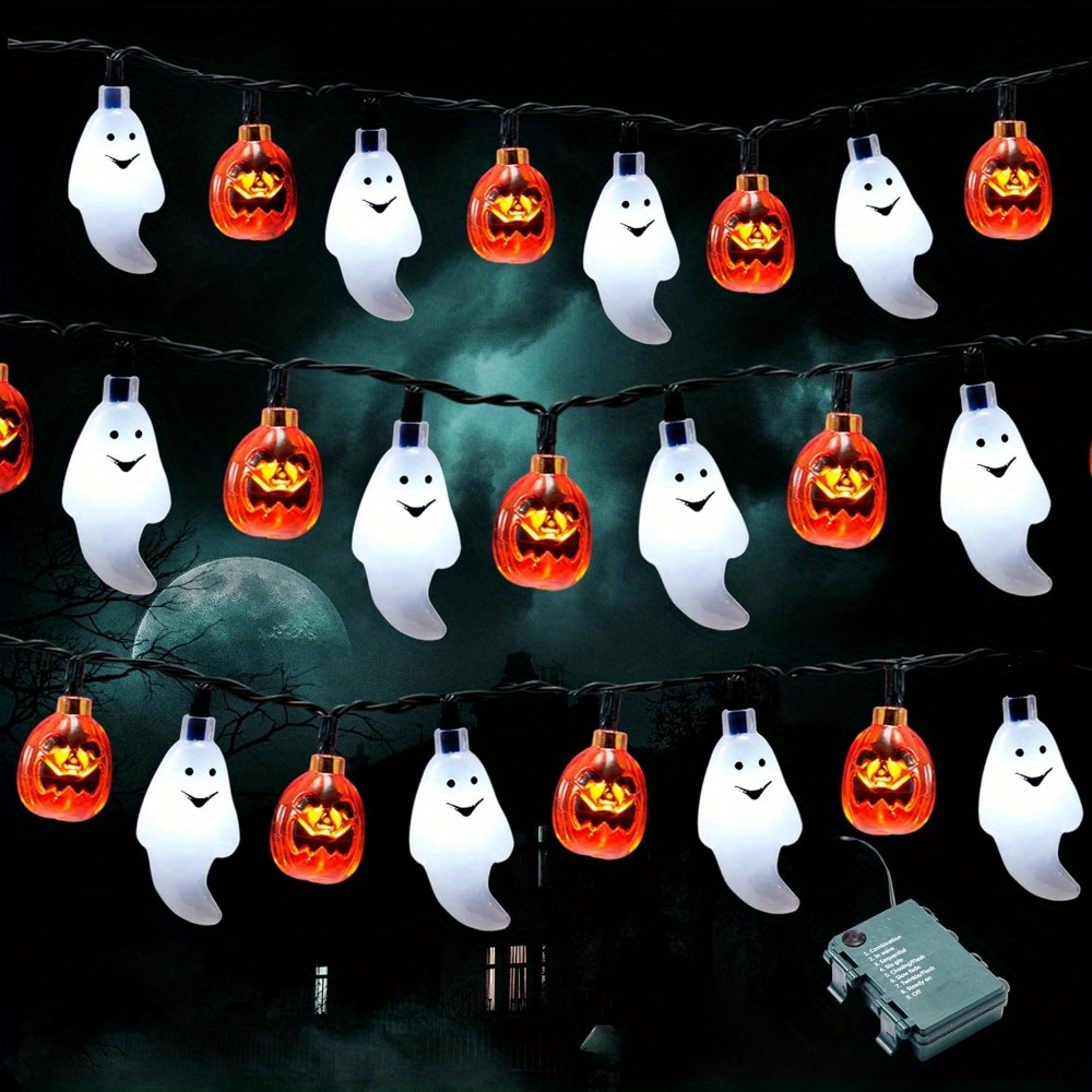 Outdoor Lighting On House - ไฟประดับฮาโลวีนรูปฟักทองผี 19.7 ฟุต 30 ดวง ใช้แบตเตอรี่