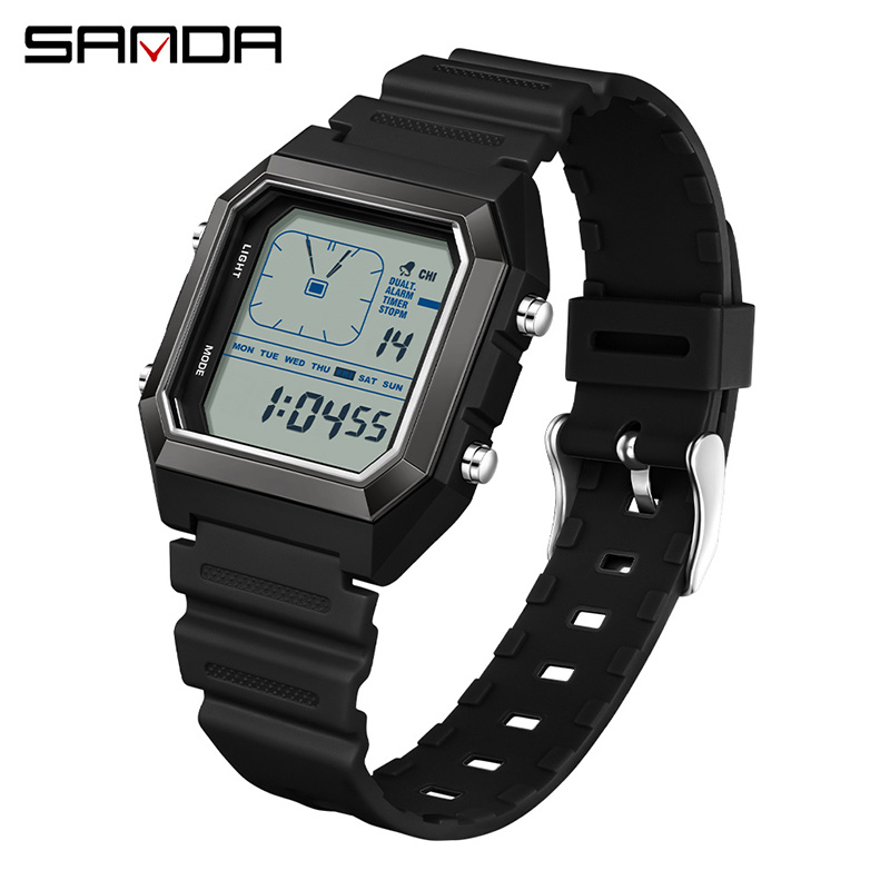 Outdoor Lighting Timer - SANDA 6307 ใหม่ผู้ชายดิจิตอลมัลติฟังก์ชั่นไฟกลางคืนตัวจับเวลาปฏิทินกีฬากลางแจ้งกันน้ำนักเรียนนาฬิกาอิเล็กทรอนิกส์รีโลจ